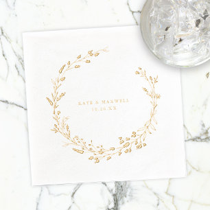 Elegant Botanical Wreath Names Wedding Date Foil Napkins
