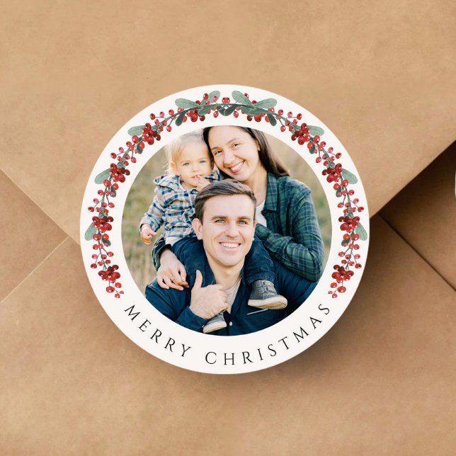 Elegant Botanical Wreath Photo Christmas Classic Round Sticker (Elegant Botanical Wreath Photo Christmas Classic Round Sticker)
