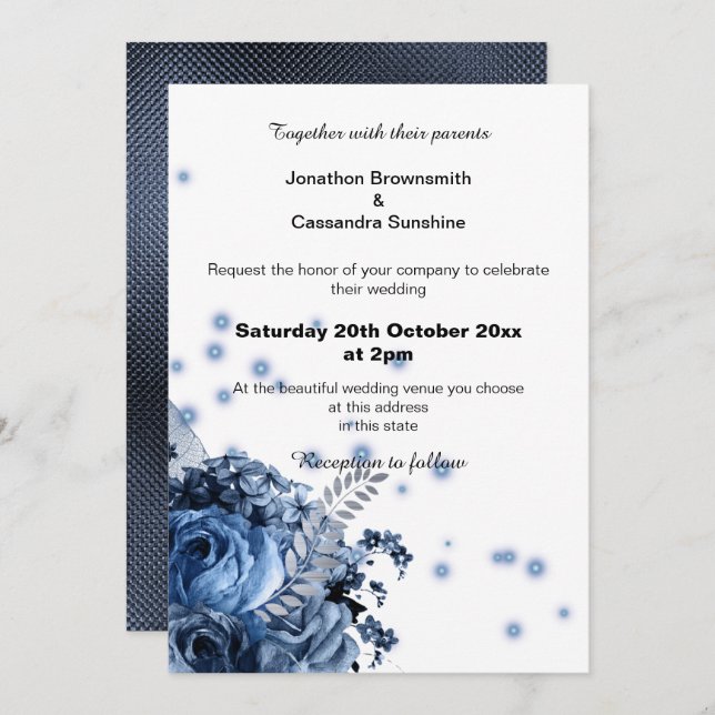 ELEGANT BOUQUET FLORAL BLUE EMBOSSED WEDDING INVITATION (Front/Back)