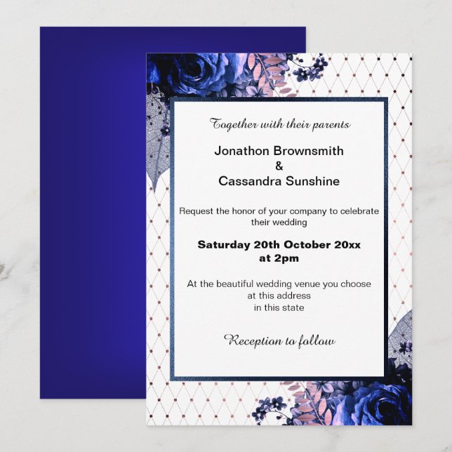ELEGANT BOUQUET FLORAL BLUE PURPLE WEDDING INVITATION (Front/Back)