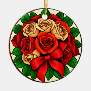 Elegant Bouquet of Red and White Roses Ceramic Ornament