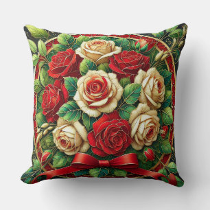 Elegant Bouquet of Red and White Roses Cushion