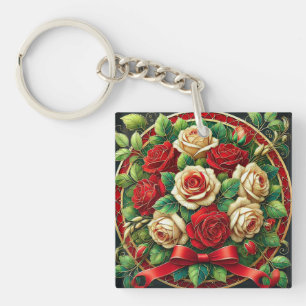 Elegant Bouquet of Red and White Roses Key Ring