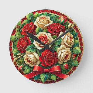 Elegant Bouquet of Red and White Roses Round Clock