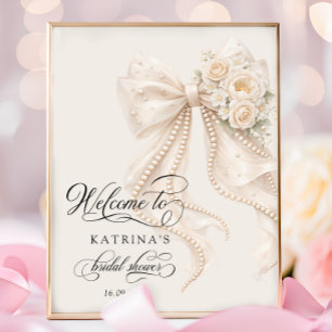 Elegant Bow and Pearl Bridal Shower Welcome Poster