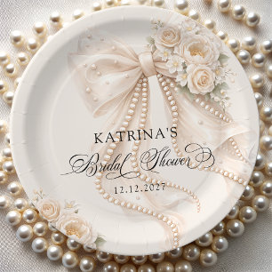 Elegant Bow and Pearl Pastel Bridal Shower Paper Plate