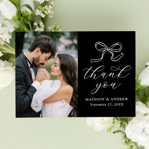 Elegant Bow Black and White Photo Wedding Thank You Card