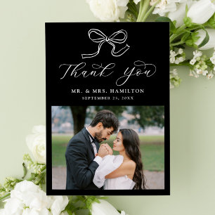 Elegant Bow Black and White Photo Wedding Thank You Card
