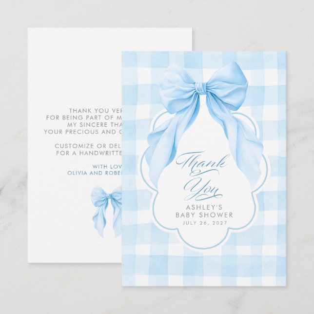 Elegant Bow Blue Gingham Cute Thank You Card (Front/Back)