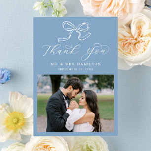 Elegant Bow Blue Photo Wedding Thank You Card
