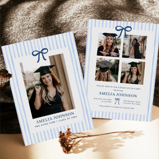 Elegant Bow Blue Striped Photo Graduation Invitation