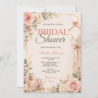Elegant Bow Bridal Shower Pink Roses Floral Dress Invitation