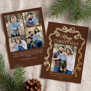 Elegant Bow Brown Merry Christmas 5 Photo Foil Holiday Card