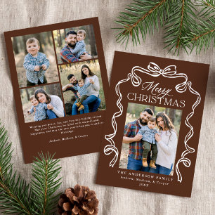 Elegant Bow Brown Merry Christmas 5 Photo Holiday Card