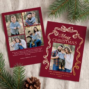 Elegant Bow Burgundy Merry Christmas 5 Photo Foil Holiday Card