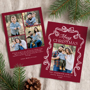 Elegant Bow Burgundy Merry Christmas 5 Photo Holiday Card