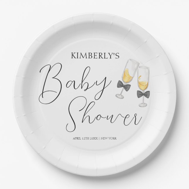 Elegant Bow Champagne  Sip & See Baby Shower Paper Plate (Front)