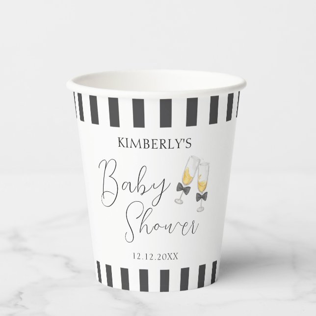Elegant Bow Champagne Stripe Sip & See Baby Shower Paper Cups (Front)