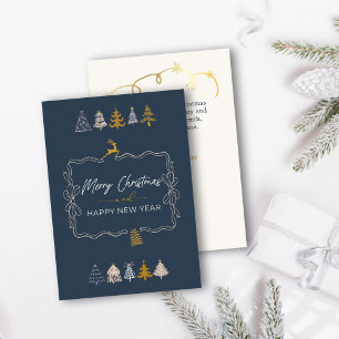 Elegant Bow & Chic Trees Doodle Blue Holiday Card