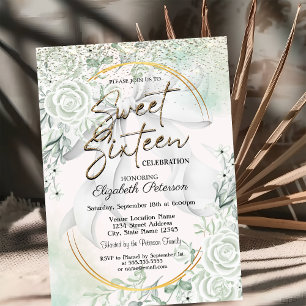 Elegant  Bow Confetti Green Roses Sweet 16 Invitation
