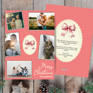 Elegant Bow Coral Blush Christmas Photo Collage Holiday Card