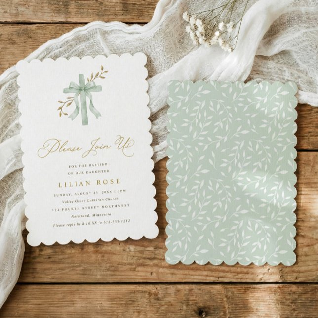 Elegant Bow Cross Sage Watercolor Greenery Baptism Invitation (Elegant baptism invitation with watercolor cross, sage green bow, and scalloped edge)