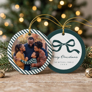 Elegant Bow Family Photo Christmas - Green Ceramic Ornament