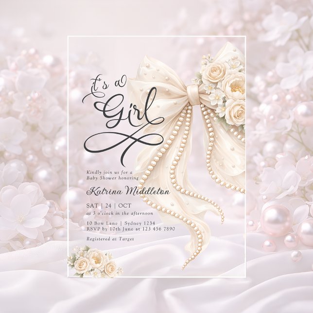 Elegant Bow Floral It's a Girl Baby Shower Acrylic Invitations (Creator Uploaded)
