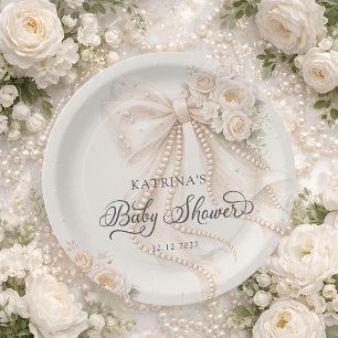Elegant Bow Flowers Baby Shower Paper Plate