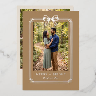 Elegant Bow Frame Merry and Bright Couple Photo Foil Holiday Card