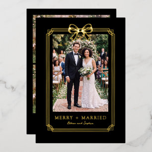 Elegant Bow Frame Merry and Married Photo Foil Holiday Card