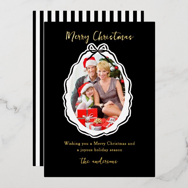 Elegant Bow Frame Photo Merry Christmas Foil Holiday Card (Front/Back)