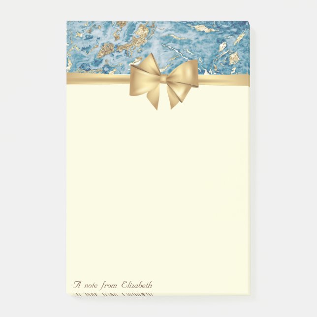 Elegant Bow,Gold Blue Marble Texture Glitter Post-it Notes (Front)