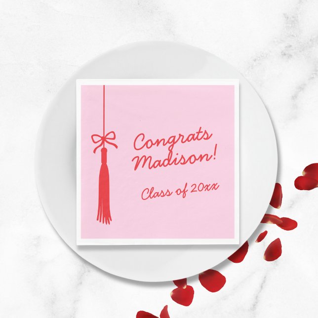 Elegant Bow Grad Tassel Pink Red 2025 Graduation Napkin (Elegant Bow Grad Tassel Pink Red 2025 Graduation Napkins)