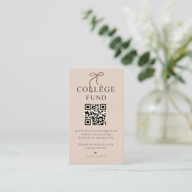 Elegant Bow Graduation College Fund QR Code Business Card (Standing Front)