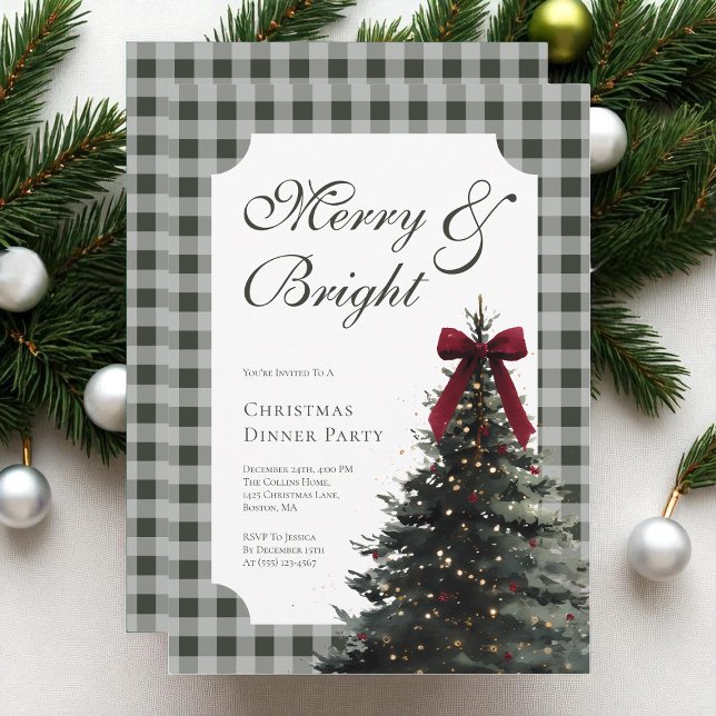 Elegant Bow Green Gingham Christmas Dinner Party Invitation (Elegant Bow Green Gingham Christmas Dinner Party Invitation)
