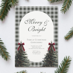 Elegant Bow Green Gingham Family Christmas Party Invitation