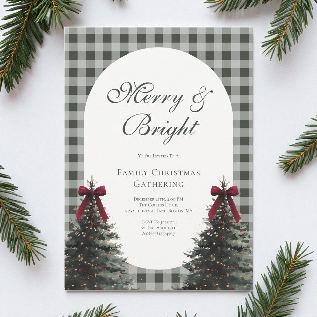 Elegant Bow Green Gingham Family Christmas Party Invitation (Elegant Bow Green Gingham Family Christmas Party Invitation)