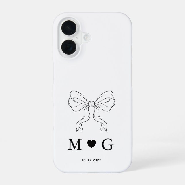 Elegant Bow & Heart Personalised Wedding iPhone 16 Case (Back)