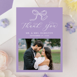 Elegant Bow Lavender Photo Wedding Thank You Card