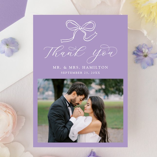 Elegant Bow Lavender Photo Wedding Thank You Card (Creator Uploaded)