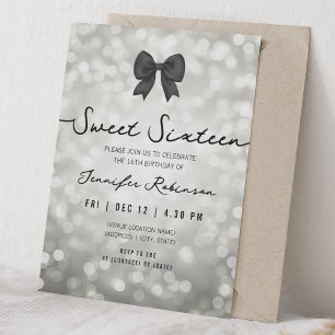 Elegant Bow & Lights Sweet Sixteen Silver  Invitation