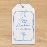 Elegant Bow Menorah Custom Name Happy Hanukkah  Gift Tags<br><div class="desc">Celebrate the Festival of Lights with these elegant, customisable Hanukkah gift tags! Featuring a classic blue border with a delicate bow and a menorah illustration, this design is perfect for adding a special touch to your Hanukkah gatherings. The text "Happy Hanukkah" is beautifully displayed above your family name, making these...</div>