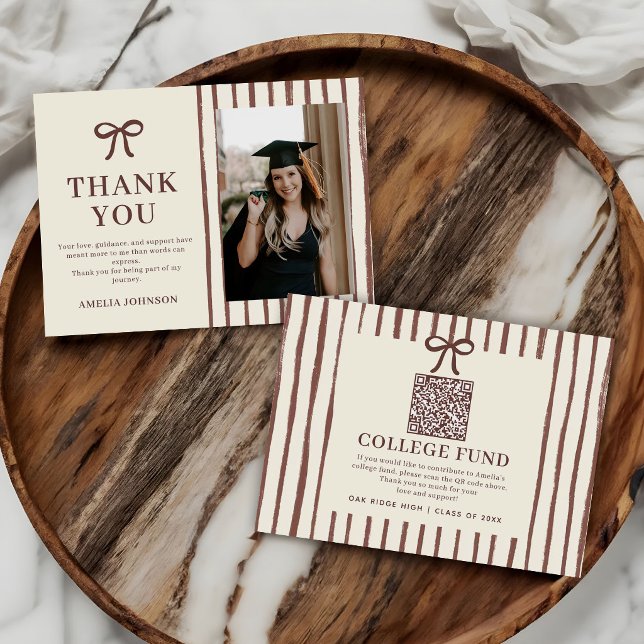 Elegant Bow Neutral Striped College Fund QR Code Enclosure Card (Creator Uploaded)