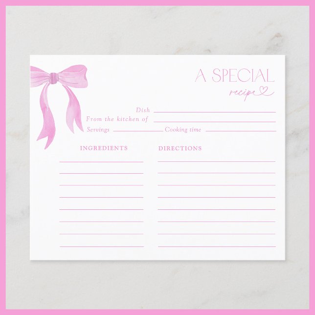 Elegant Bow Pink Watercolor Bridal Shower Recipe (Creator Uploaded)