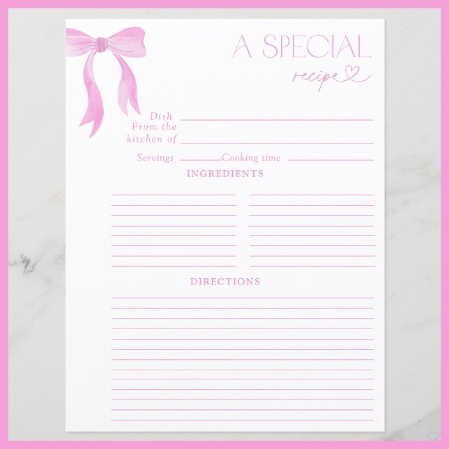 Elegant Bow Pink Watercolor Bridal Shower Recipe (Creator Uploaded)