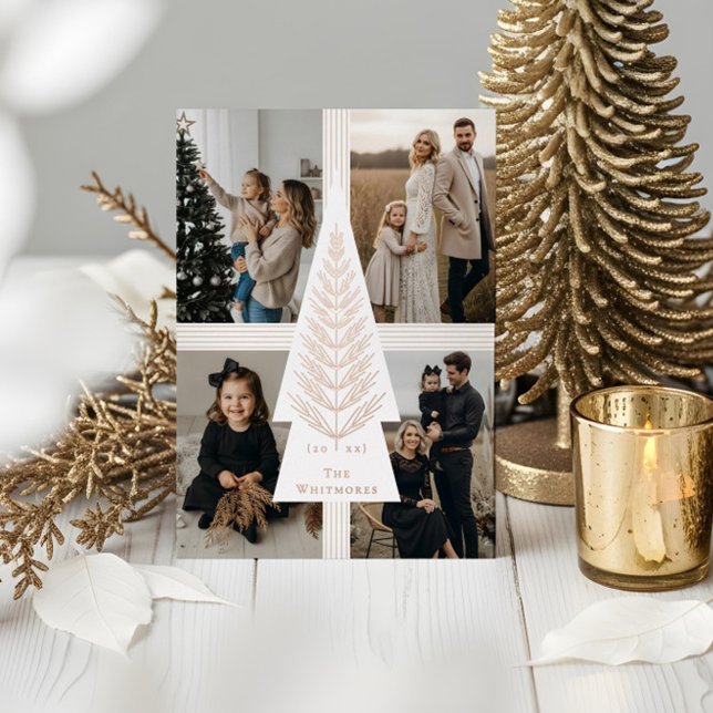 Elegant Bow Present Evergreen Tree Photo Collage  Foil Holiday Card (Elegant Bow Present Evergreen Tree Photo Collage Foil Holiday Card)