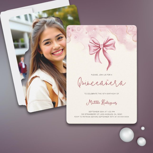 Elegant Bow Quinceañera Photo Birthday Party Invitation (Creator Uploaded)