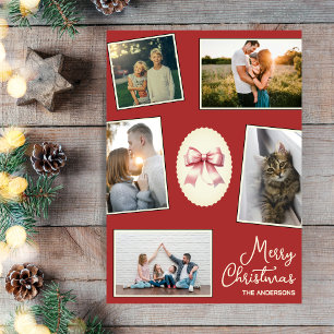 Elegant Bow Red Christmas Photo Collage Card 