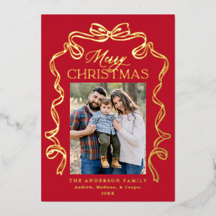 Elegant Bow Red Merry Christmas 5 Photo Foil Holiday Card
